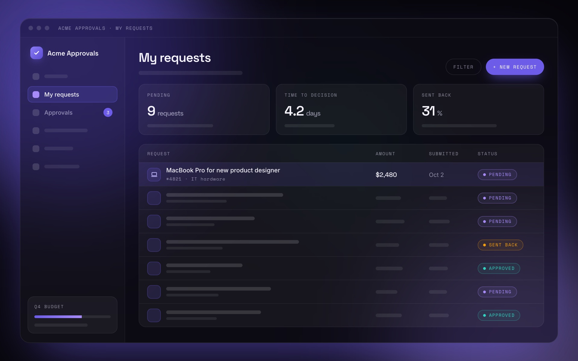 Acme Approvals, the My requests screen: three summary numbers and a list of purchase requests, most of them marked only as Pending.
