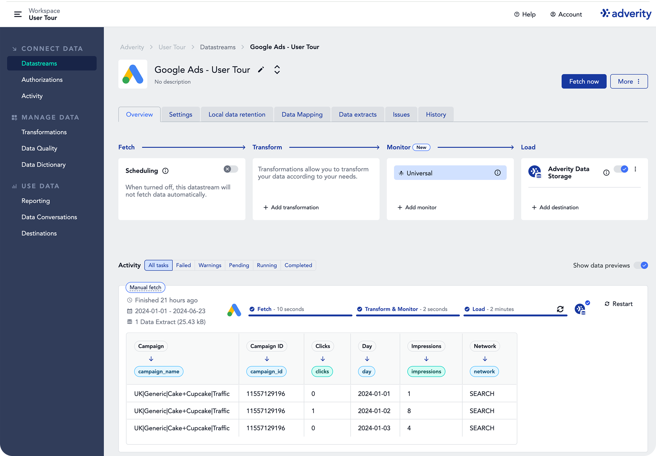 Adverity datastream overview: the fetch, transform, monitor and load pipeline, with a data extract preview showing each column mapped to a target field