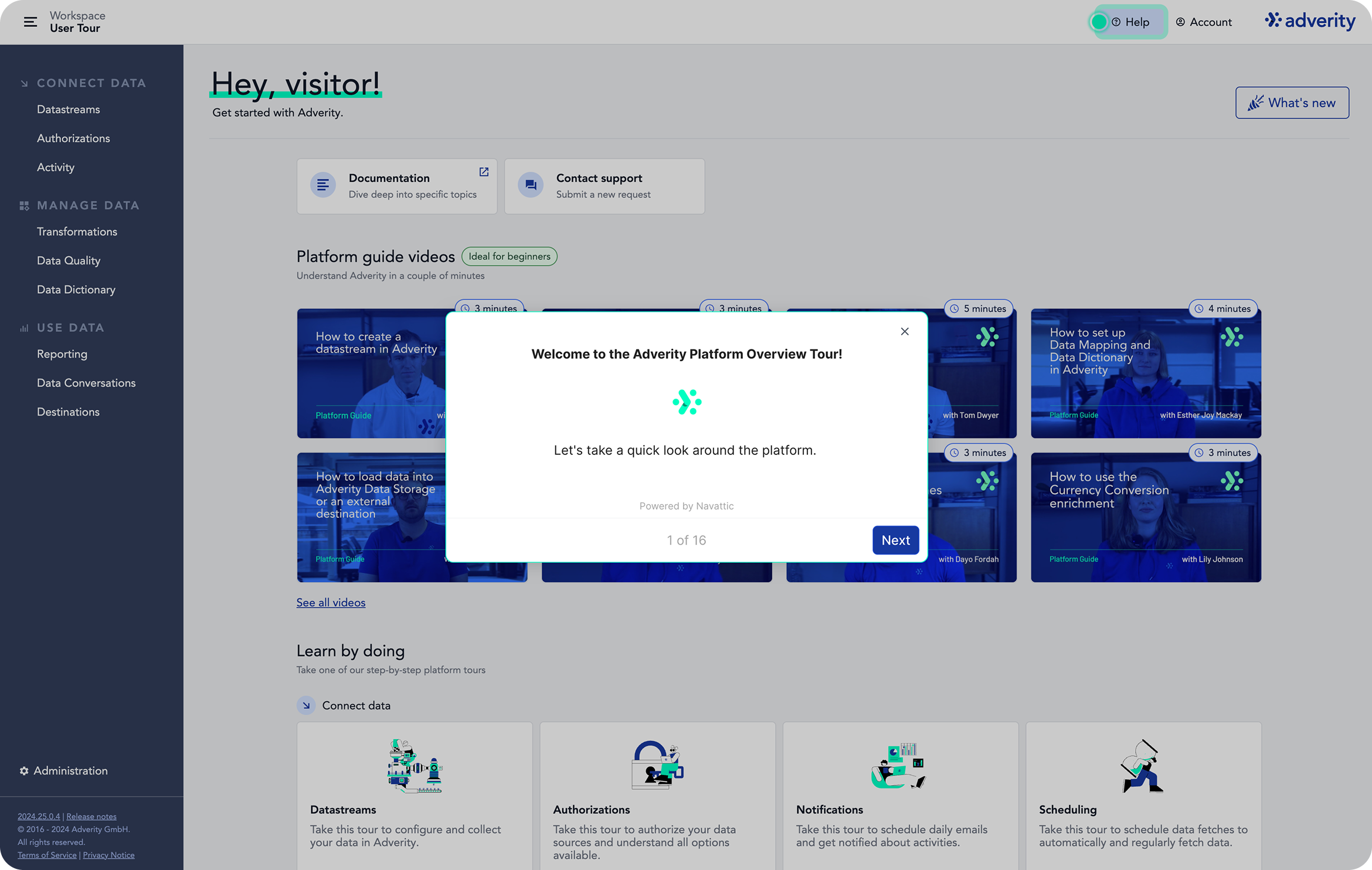 The Adverity welcome page for first-time users, with platform guide videos including "How to set up Data Mapping" and the start of the in-product tour
