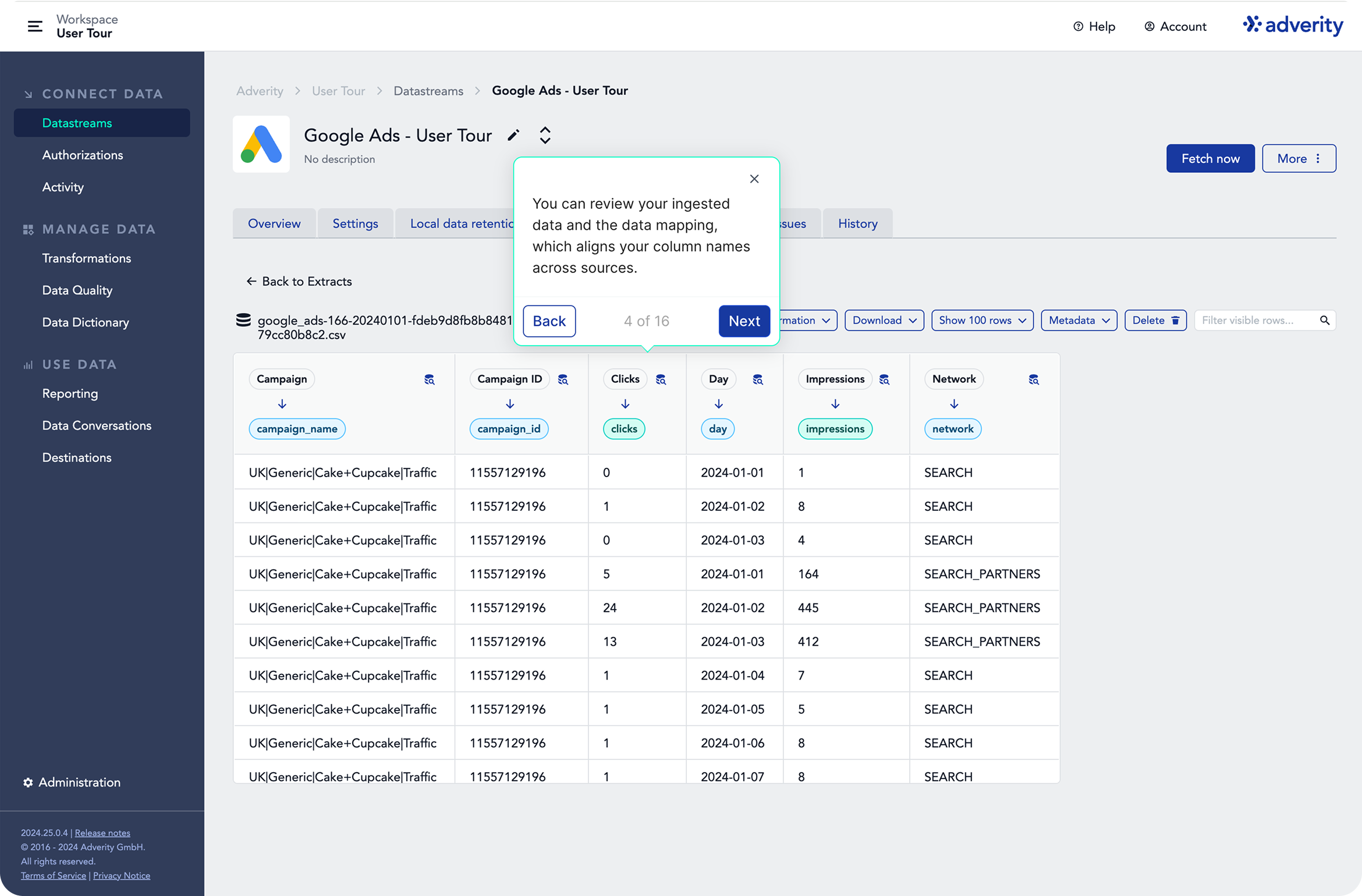 A guided tour step over the data extract, explaining how data mapping aligns column names across sources, with the mapping chip under each column header