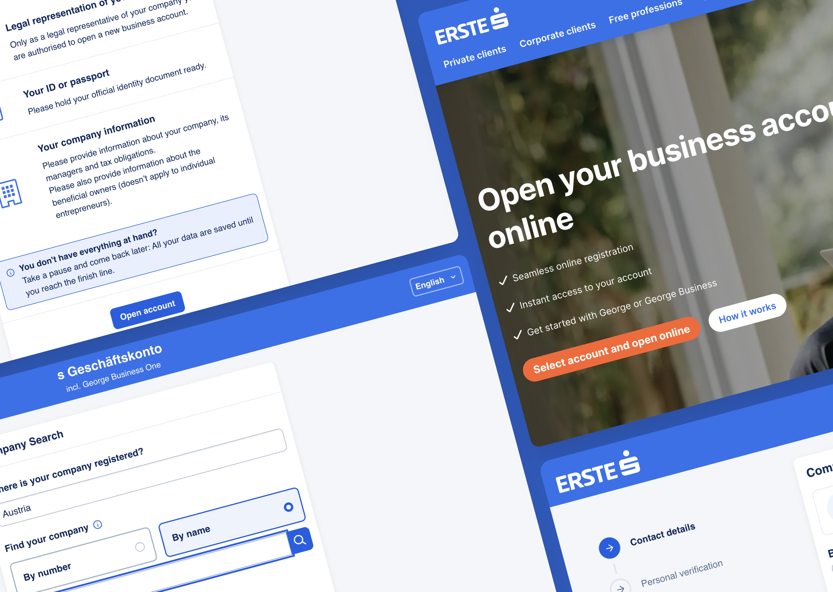 Digital account opening interface showing corporate onboarding flow for Erste Bank